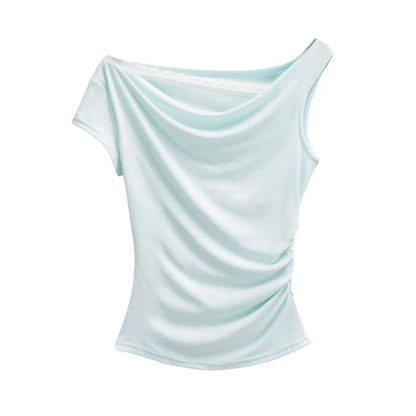 Short-Sleeve Off-Shoulder Asymmetrical Lace Panel Ruched Crop T-Shirt