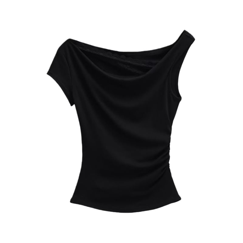 Short-Sleeve Off-Shoulder Asymmetrical Lace Panel Ruched Crop T-Shirt
