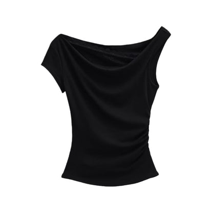 Short-Sleeve Off-Shoulder Asymmetrical Lace Panel Ruched Crop T-Shirt