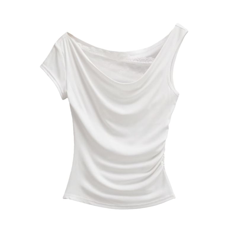 Short-Sleeve Off-Shoulder Asymmetrical Lace Panel Ruched Crop T-Shirt