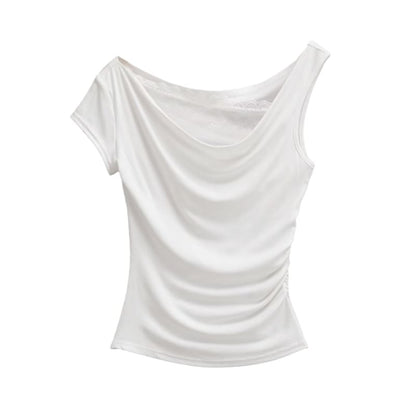 Short-Sleeve Off-Shoulder Asymmetrical Lace Panel Ruched Crop T-Shirt
