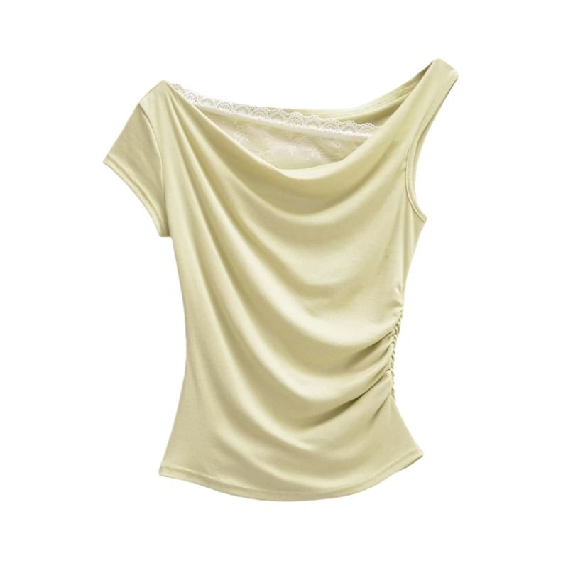 Short-Sleeve Off-Shoulder Asymmetrical Lace Panel Ruched Crop T-Shirt