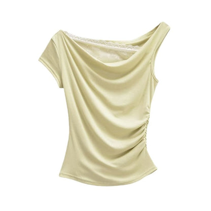 Short-Sleeve Off-Shoulder Asymmetrical Lace Panel Ruched Crop T-Shirt