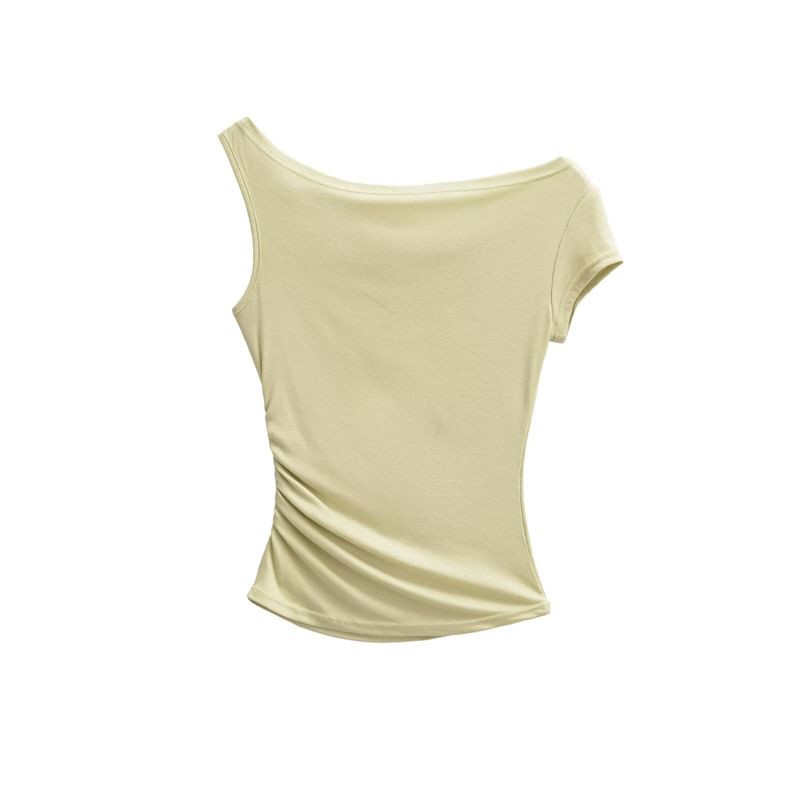Short-Sleeve Off-Shoulder Asymmetrical Lace Panel Ruched Crop T-Shirt