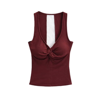 V-Neck Lace Panel Ruched Padded Crop Tank Top