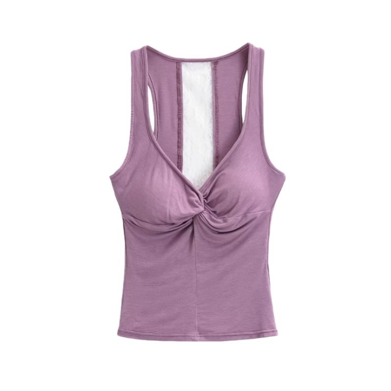 V-Neck Lace Panel Ruched Padded Crop Tank Top
