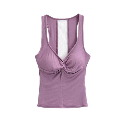 V-Neck Lace Panel Ruched Padded Crop Tank Top