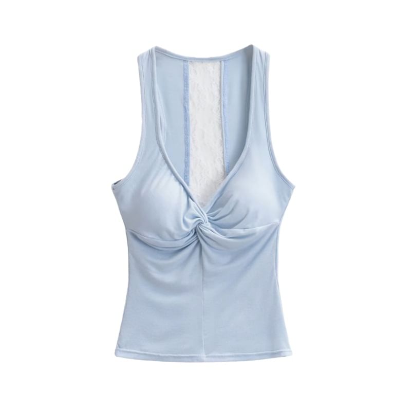 V-Neck Lace Panel Ruched Padded Crop Tank Top