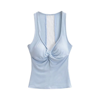 V-Neck Lace Panel Ruched Padded Crop Tank Top