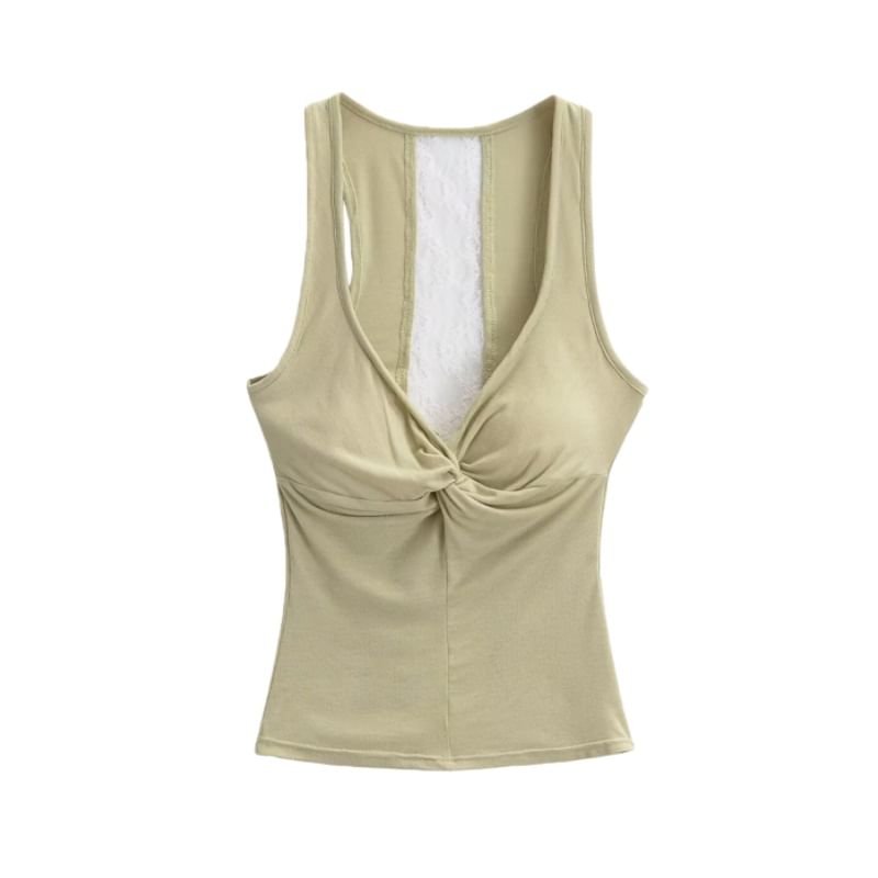 V-Neck Lace Panel Ruched Padded Crop Tank Top