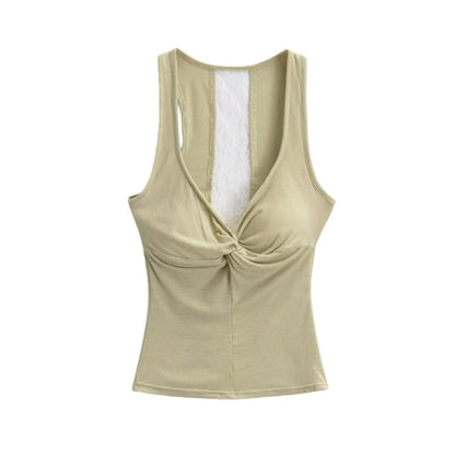 V-Neck Lace Panel Ruched Padded Crop Tank Top