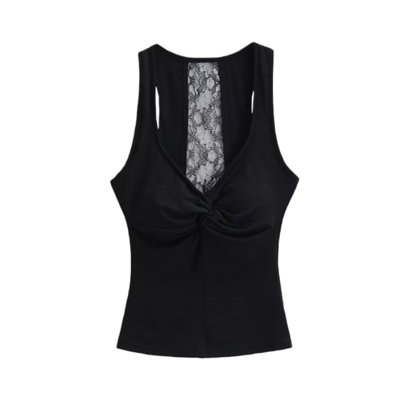 V-Neck Lace Panel Ruched Padded Crop Tank Top