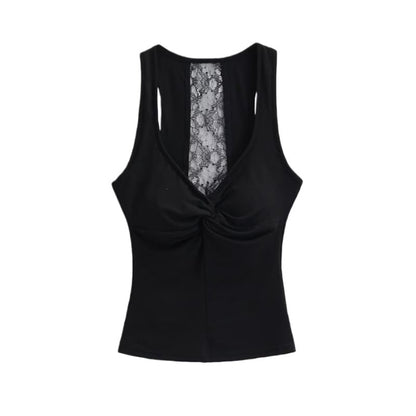 V-Neck Lace Panel Ruched Padded Crop Tank Top