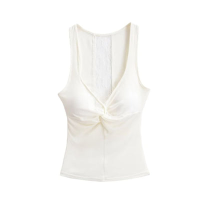 V-Neck Lace Panel Ruched Padded Crop Tank Top