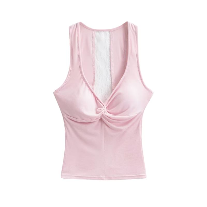 V-Neck Lace Panel Ruched Padded Crop Tank Top