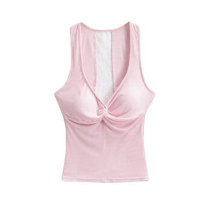 V-Neck Lace Panel Ruched Padded Crop Tank Top