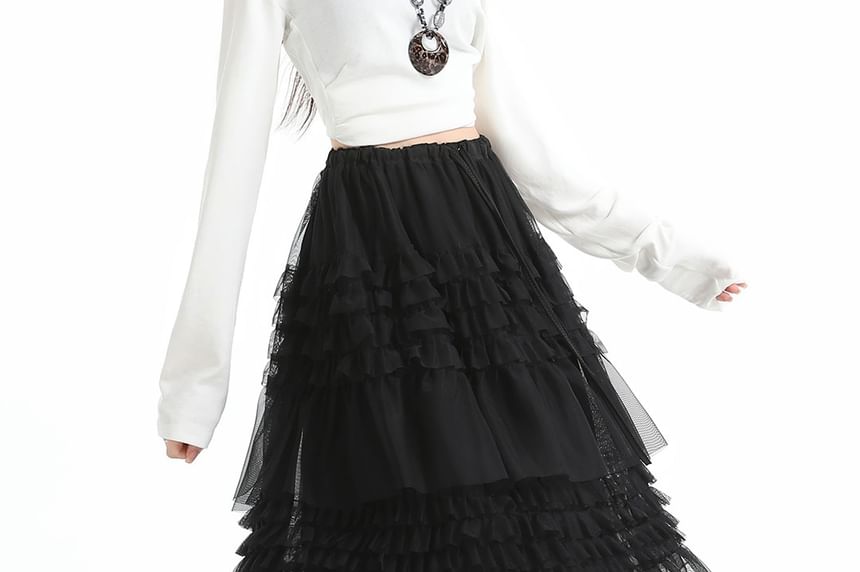 Tiered Mesh Midi A-Line Skirt Drawstring Waist Plain