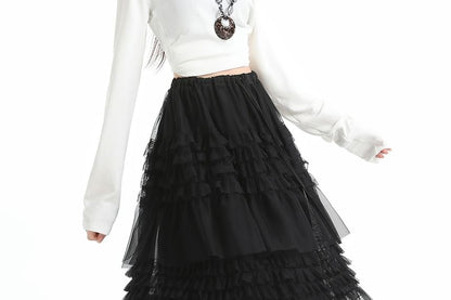 Tiered Mesh Midi A-Line Skirt Drawstring Waist Plain