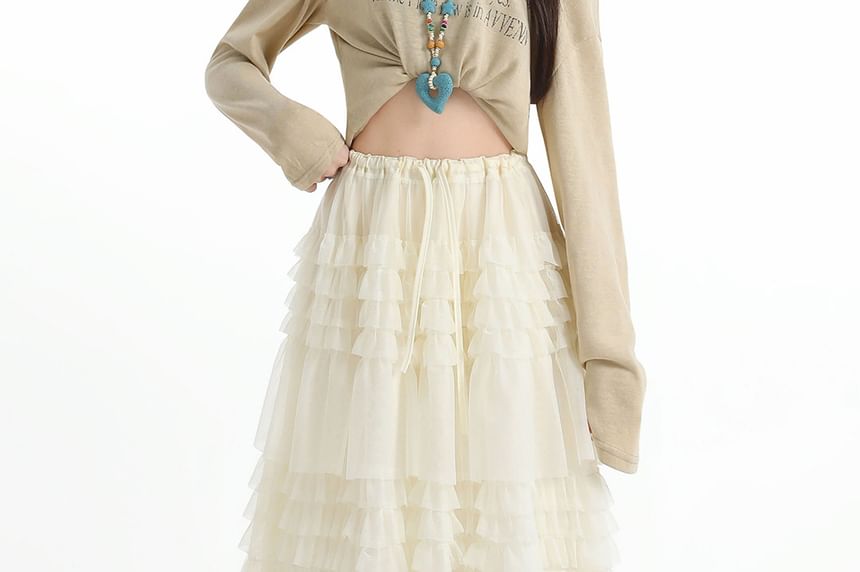 Tiered Mesh Midi A-Line Skirt Drawstring Waist Plain