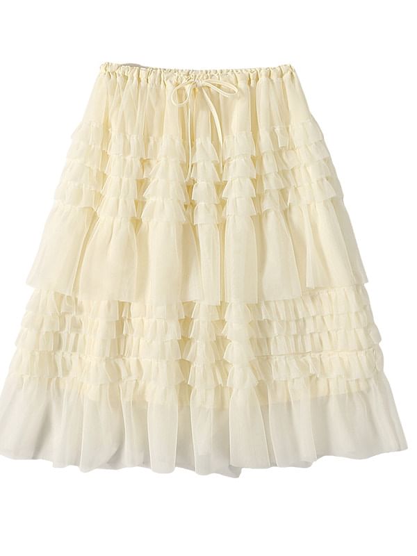 Tiered Mesh Midi A-Line Skirt Drawstring Waist Plain