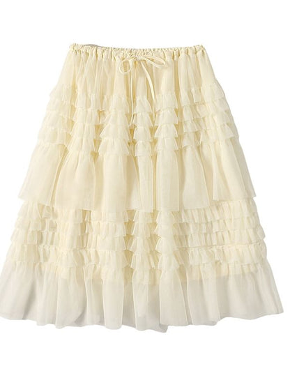 Tiered Mesh Midi A-Line Skirt Drawstring Waist Plain