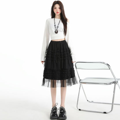 Tiered Mesh Midi A-Line Skirt Drawstring Waist Plain