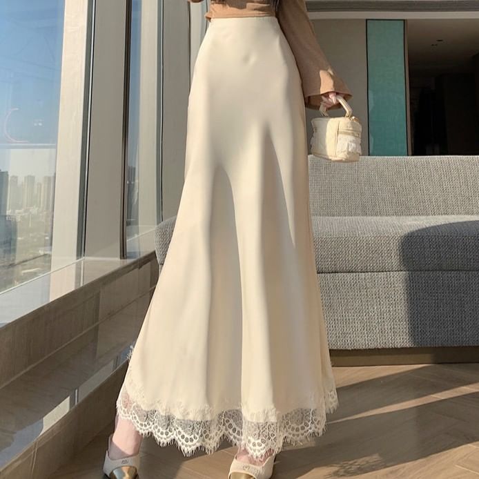 Lace Panel Maxi Mermaid Skirt High-Waisted Plain