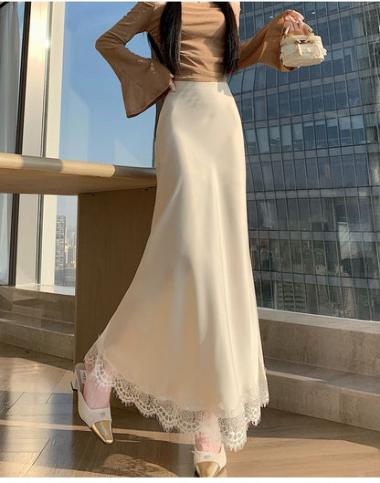 Lace Panel Maxi Mermaid Skirt High-Waisted Plain
