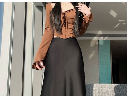Lace Panel Maxi Mermaid Skirt High-Waisted Plain