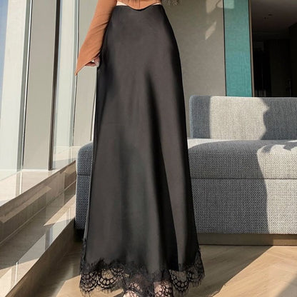 Lace Panel Maxi Mermaid Skirt High-Waisted Plain