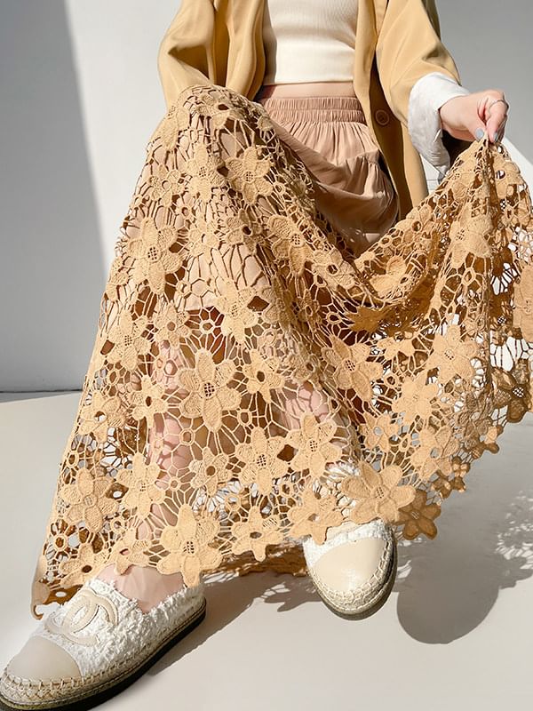 Crochet Lace Tiered Maxi A-Line Skirt Elastic Waist Panel