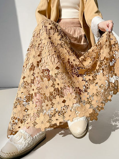 Crochet Lace Tiered Maxi A-Line Skirt Elastic Waist Panel