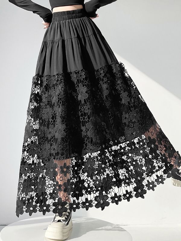 Crochet Lace Tiered Maxi A-Line Skirt Elastic Waist Panel