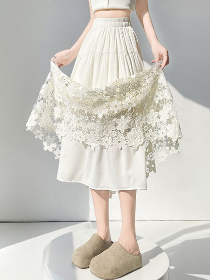 Crochet Lace Tiered Maxi A-Line Skirt Elastic Waist Panel