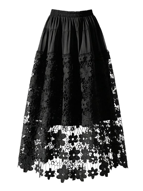 Crochet Lace Tiered Maxi A-Line Skirt Elastic Waist Panel