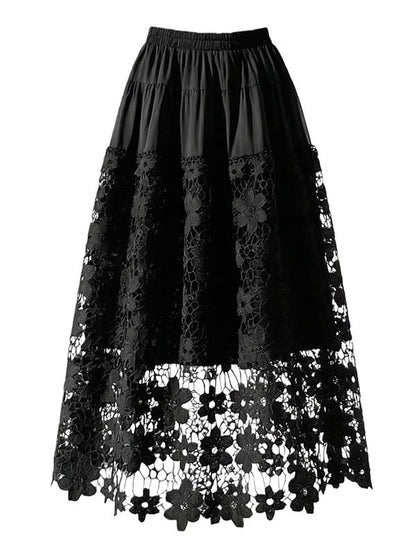 Crochet Lace Tiered Maxi A-Line Skirt Elastic Waist Panel