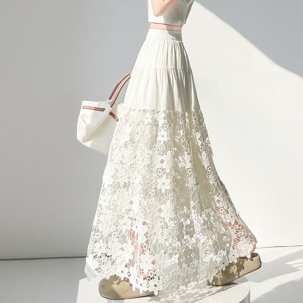 Crochet Lace Tiered Maxi A-Line Skirt Elastic Waist Panel