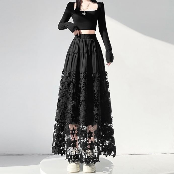 Crochet Lace Tiered Maxi A-Line Skirt Elastic Waist Panel