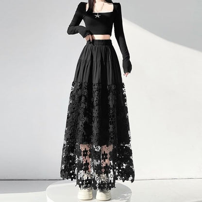 Crochet Lace Tiered Maxi A-Line Skirt Elastic Waist Panel
