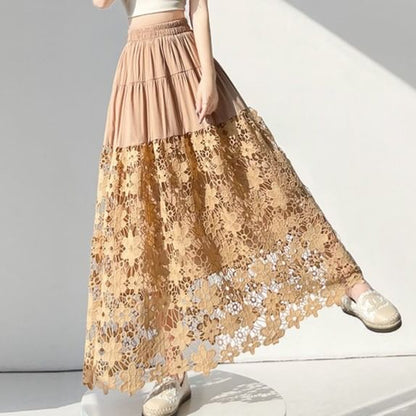 Crochet Lace Tiered Maxi A-Line Skirt Elastic Waist Panel