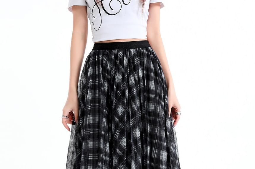 Pleated Plaid Maxi A-Line Skirt Elastic Waist