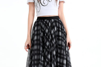 Pleated Plaid Maxi A-Line Skirt Elastic Waist