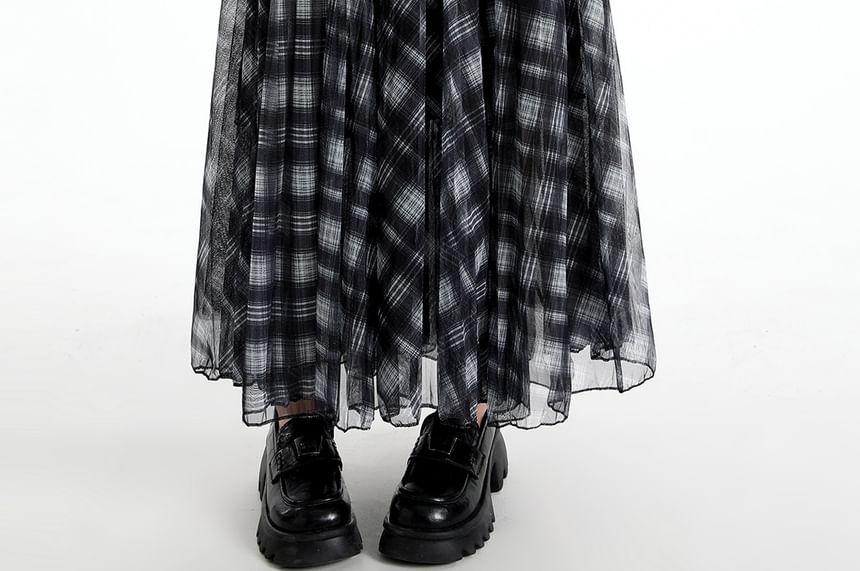 Pleated Plaid Maxi A-Line Skirt Elastic Waist