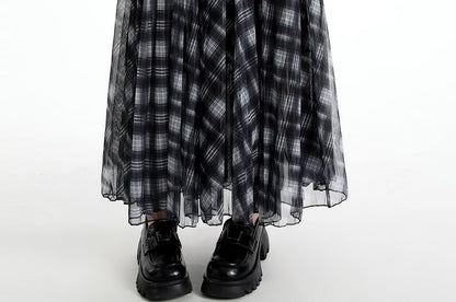 Pleated Plaid Maxi A-Line Skirt Elastic Waist
