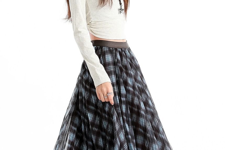 Pleated Plaid Maxi A-Line Skirt Elastic Waist