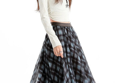Pleated Plaid Maxi A-Line Skirt Elastic Waist