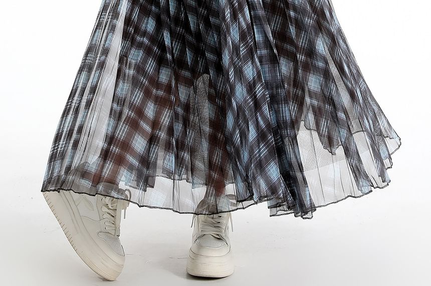 Pleated Plaid Maxi A-Line Skirt Elastic Waist