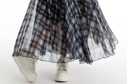 Pleated Plaid Maxi A-Line Skirt Elastic Waist