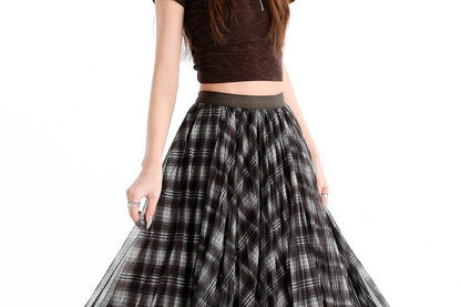 Pleated Plaid Maxi A-Line Skirt Elastic Waist