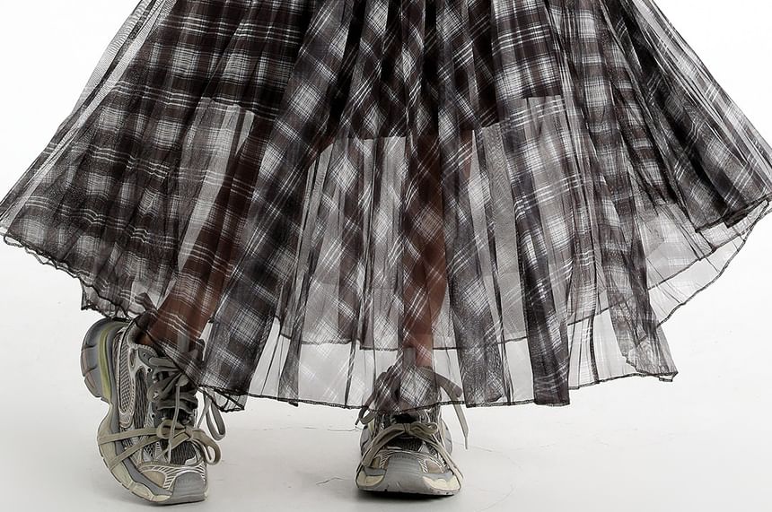 Pleated Plaid Maxi A-Line Skirt Elastic Waist